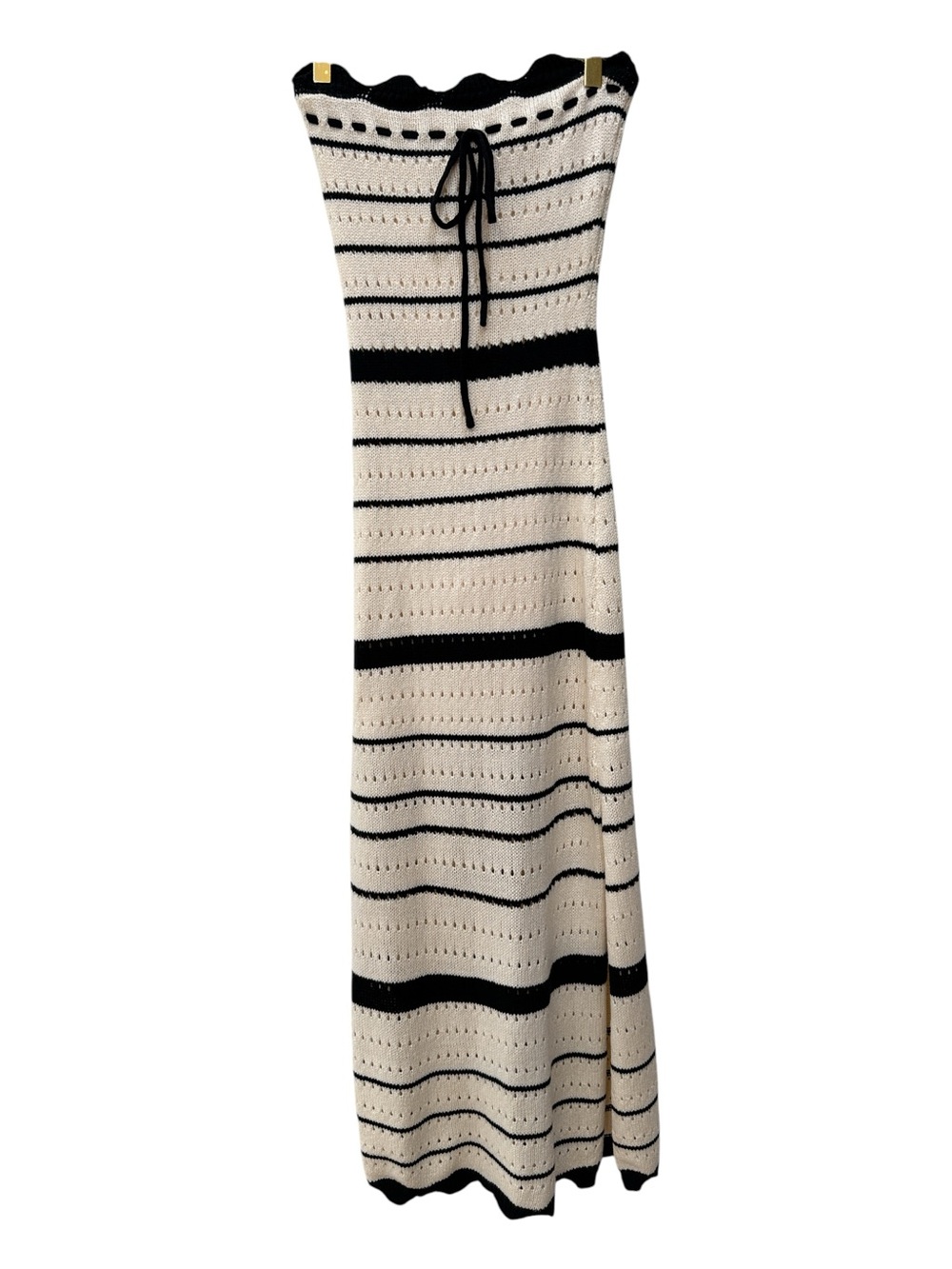 MABLE Boho Open Knit Column Tube Dress Cream Black Stripes Small